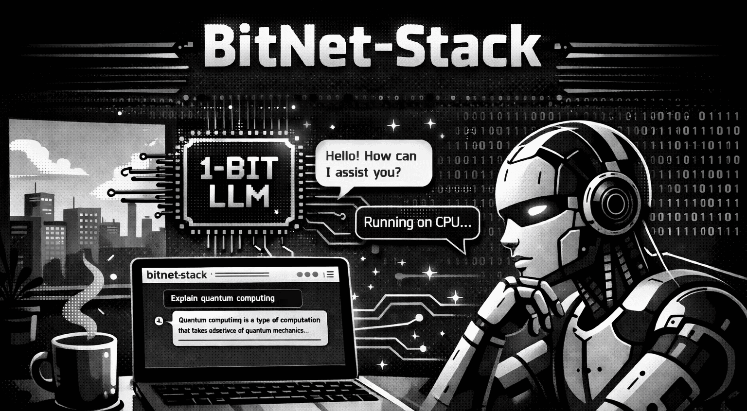 BitNet-Stack: Docker runs the BitNet model and web server; the browser shows the chat app.
